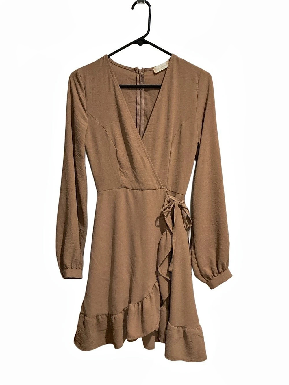 Altar’d State Faux-Wrap Mini Dress size XS Long Balloon Sleeve Mocha Brown